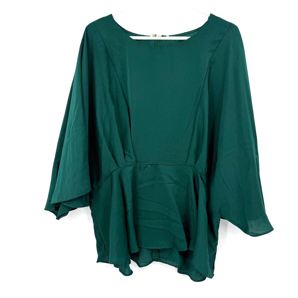 Umgee USA Size 1XL Short Sleeve Blouse Top Shirt Fitted Waist Green Flowy Sleeve